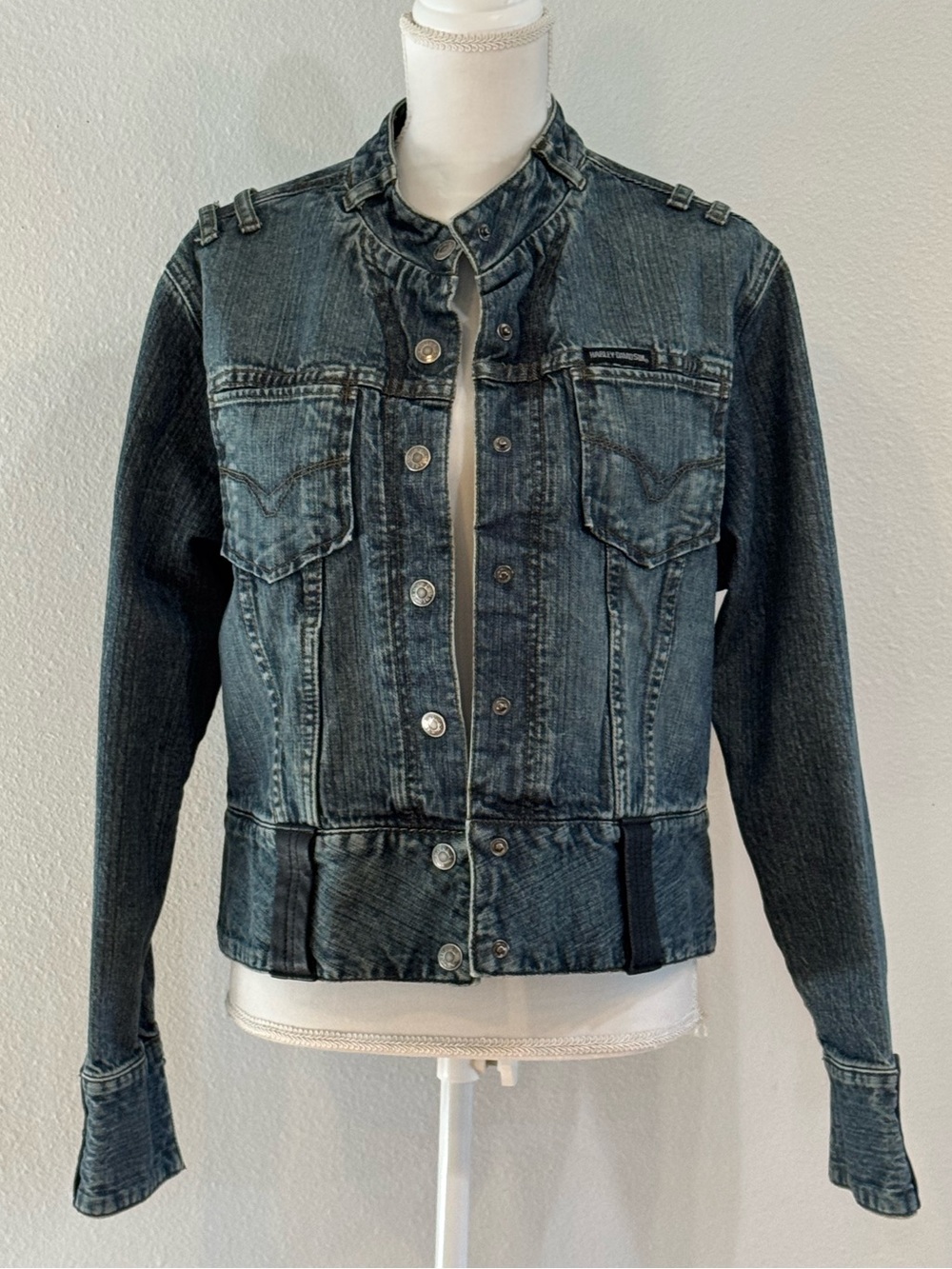 VTG Harley Davidson Y2K Acid Wash Moto Denim Jacket Ribbed Details Women’s XL